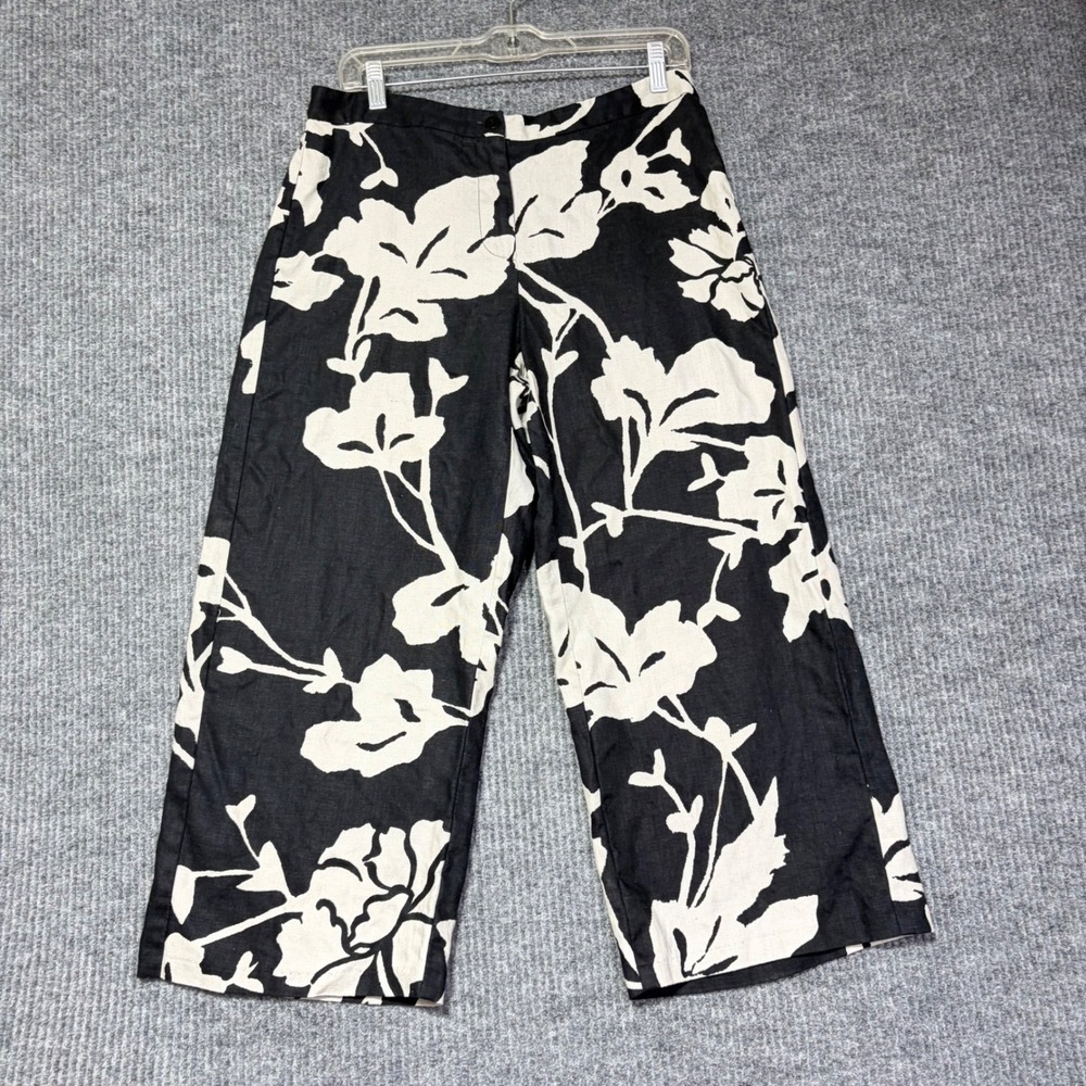 ISDA & CO Black Cream Floral 100% Linen Wide Leg Cropped Pants Culottes Size 10